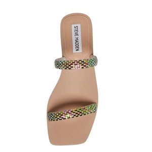 New Box Women's Steve Madden Pedra Multi Crystal Sandal Vegan Leather Size 9